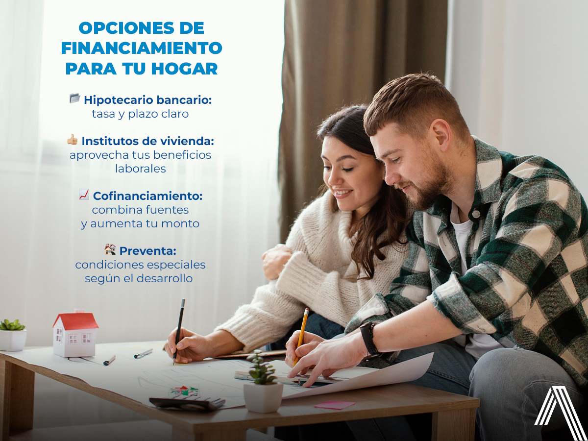 Pareja revisando opciones de financiamiento para una casa en Querétaro: crédito hipotecario, cofinanciamiento y preventa.