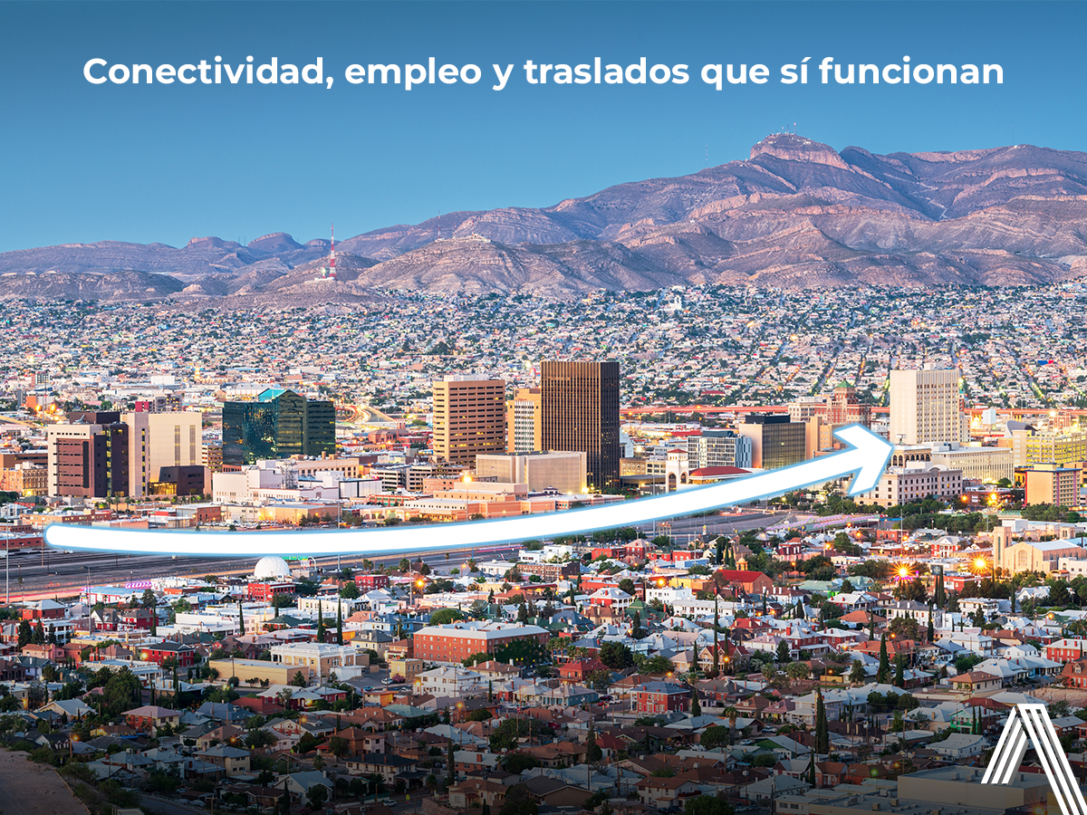 Panorámica urbana de Chihuahua con mensaje de conectividad, movilidad y oportunidades laborales en el vivir en Chihuahua.