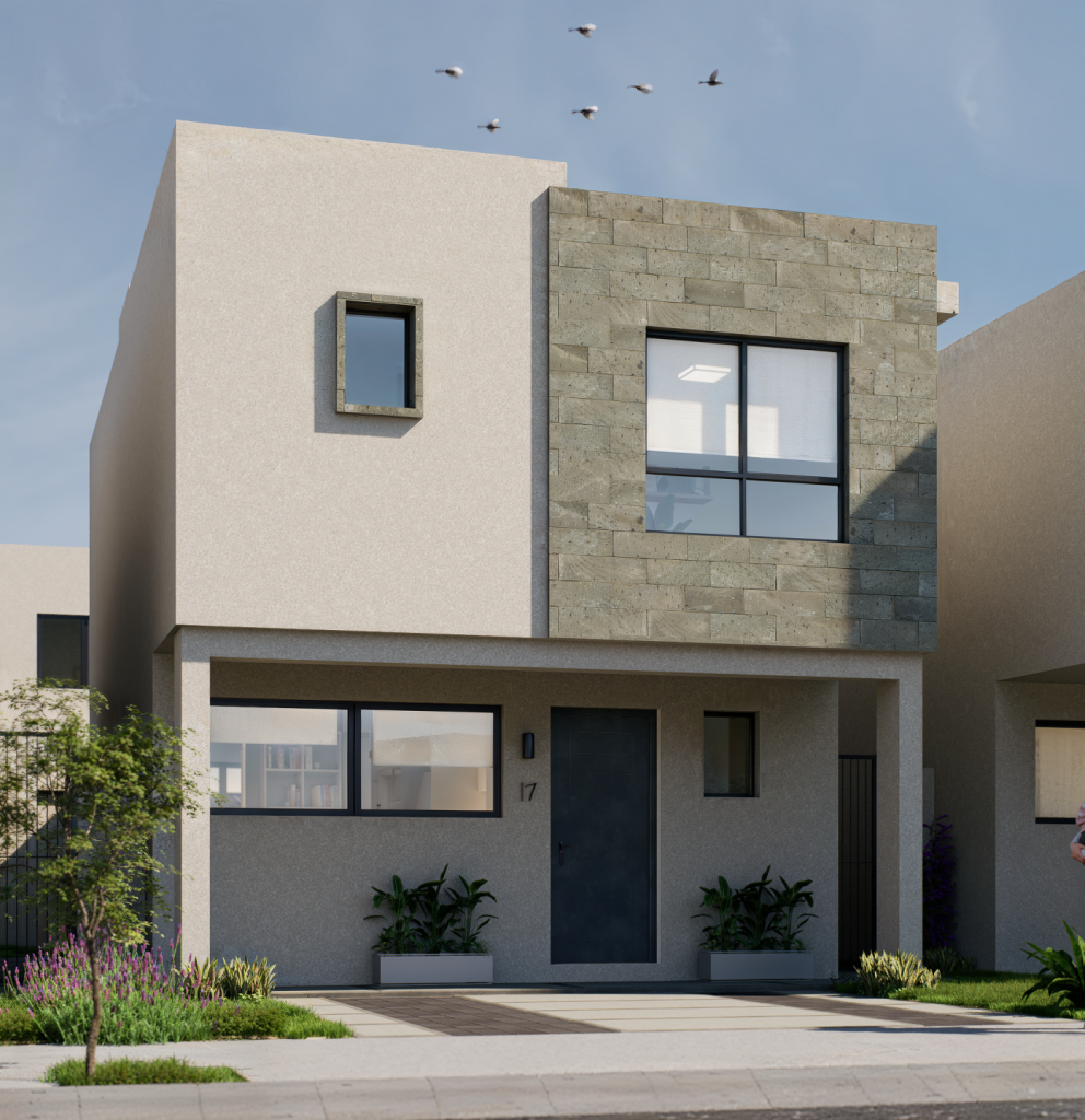 Modern two-story house with beige stucco and stone facade, front door, large window, and small planter boxes in a landscaped yard.