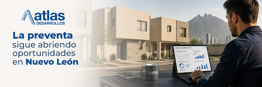 Nuevoleon02 1 | atlas desarrollos Atlas desarrollos atlas desarrollos banner headline about pre sale opportunities in nuevo león with logo on left man at a desk outdoors using a laptop displaying charts with modern houses in the background
